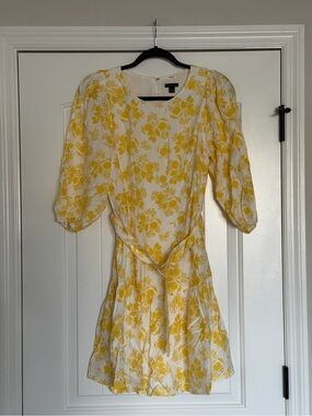 Ann Taylor Women's White & Lemon Print 3/4 Sleeve Dress Size 8